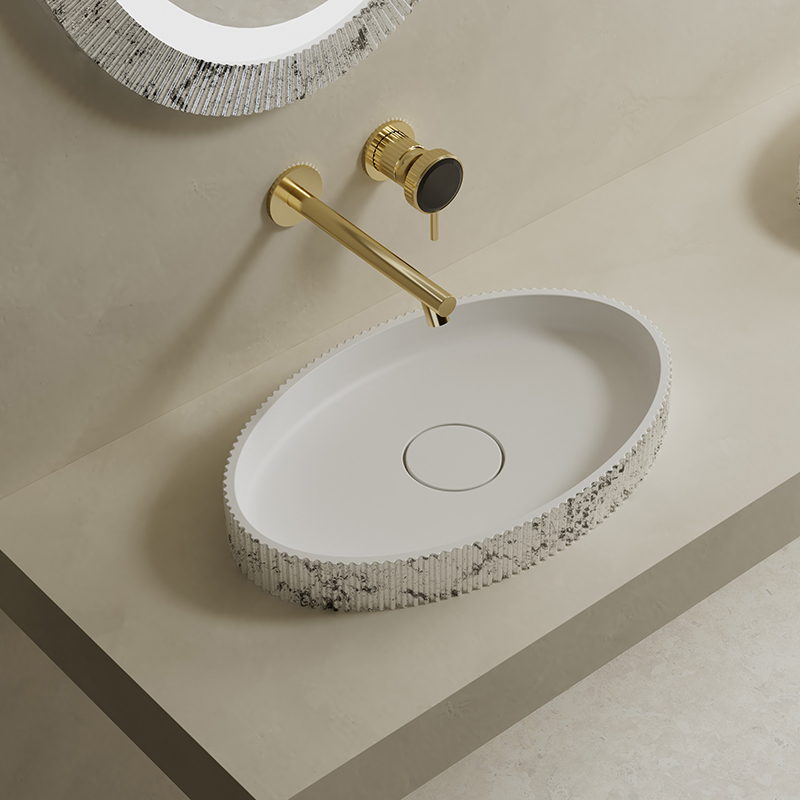 Factory Wholesale Artificial Stone Silver Pattern V-Groove Fluted Counter Top Wash Basin TW-8687AS