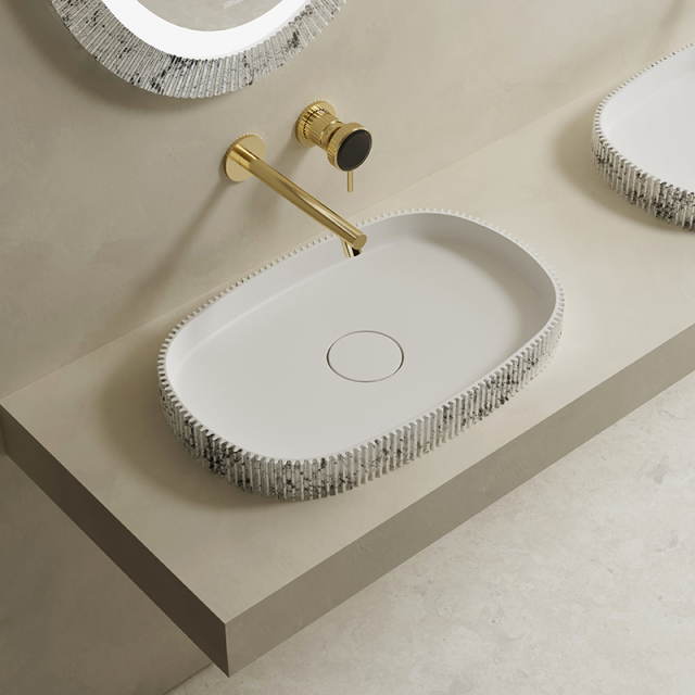 Factory Supply Quality Assurance Artificial Stone Silver Pattern Fluted Counter Top Wash Basin TW-8681AS