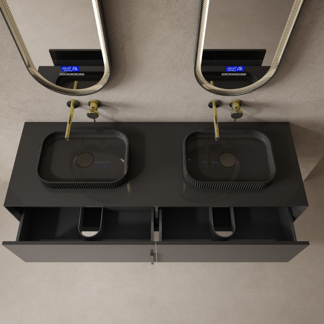 China Wholesale Factory Carbon Fiber Floating Bathroom Vanity Unit With Countertop Double Basins MC-V9982
