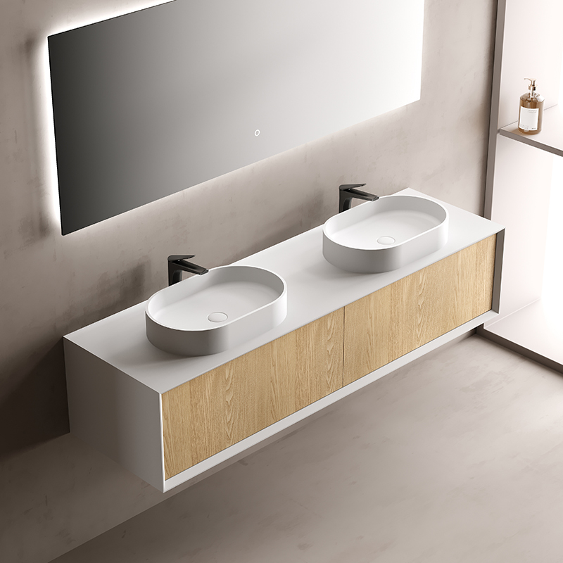 Factory Supply Quality Assurance Double Counter Top Sink Floating Bathroom Cabinet TW-2202