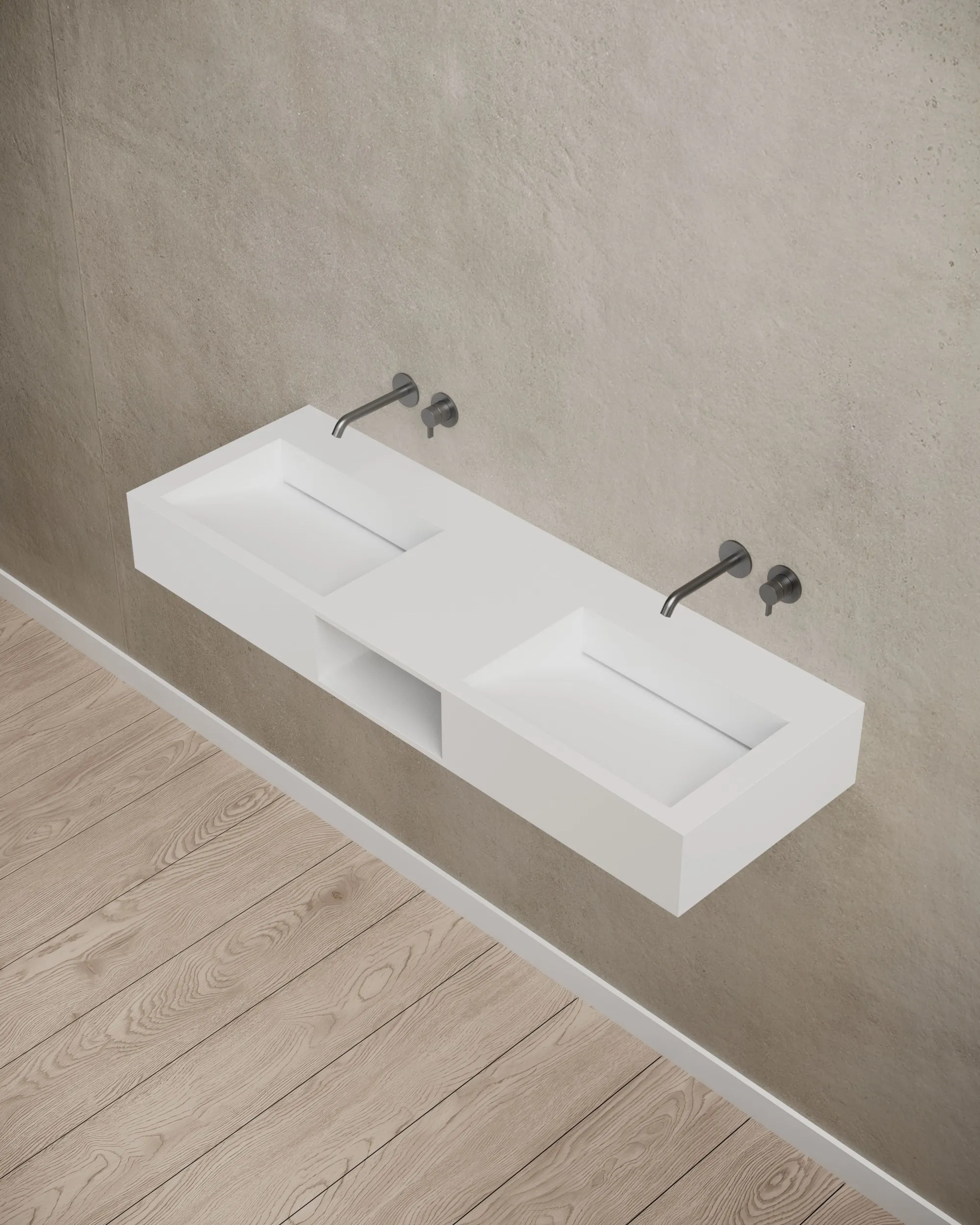 Dual-basin wall-mounted wash basin installed in a modern bathroom