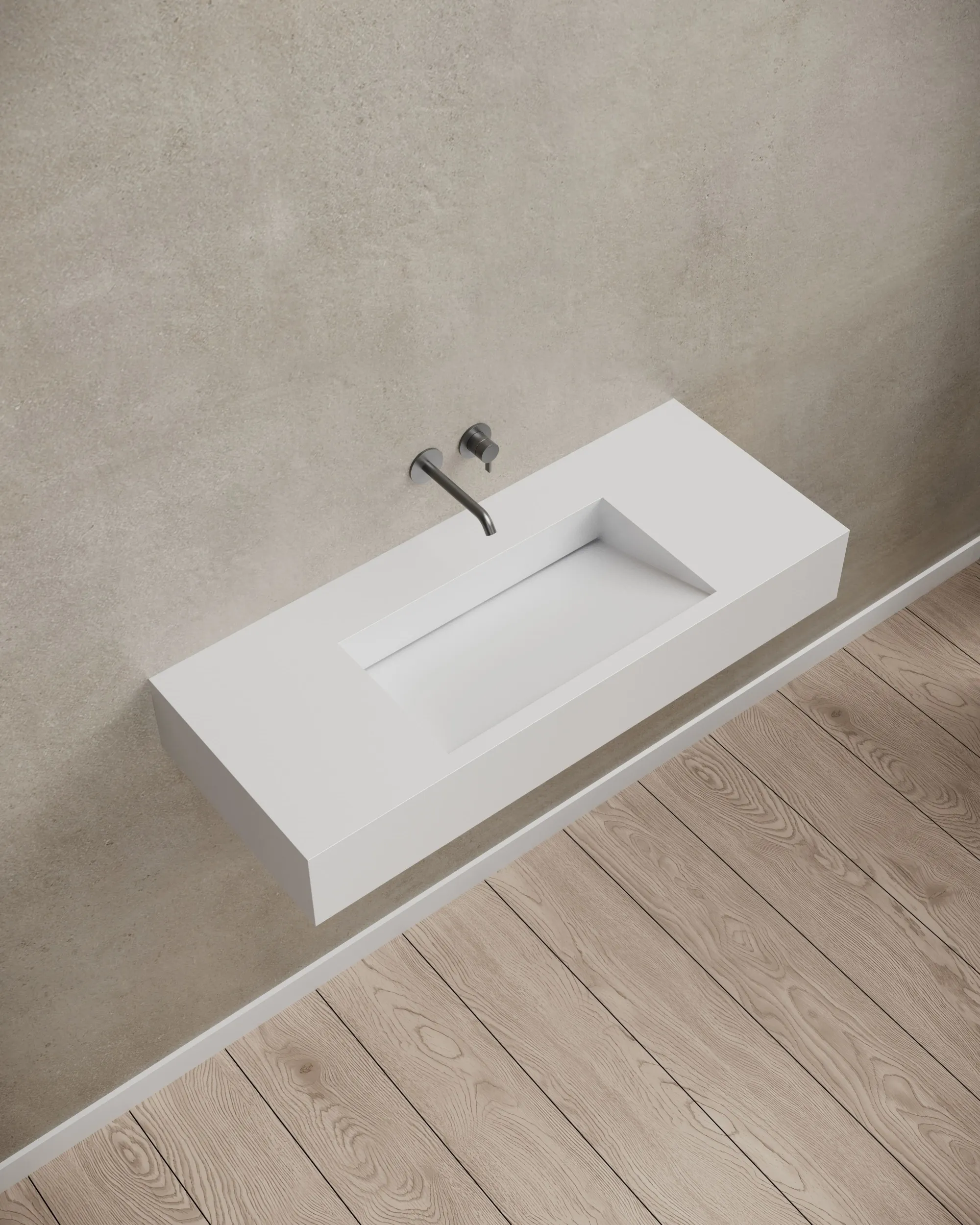 Completed installation of T&W wall-hung basin in contemporary bathroom