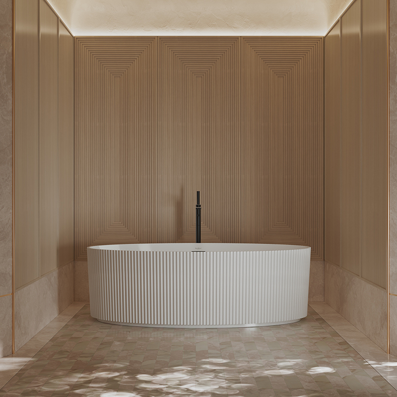 Manufacturer Modern Design Oval Freestanding Fluted Vertical line Stripes Acrylic Bathtub  TW-7687