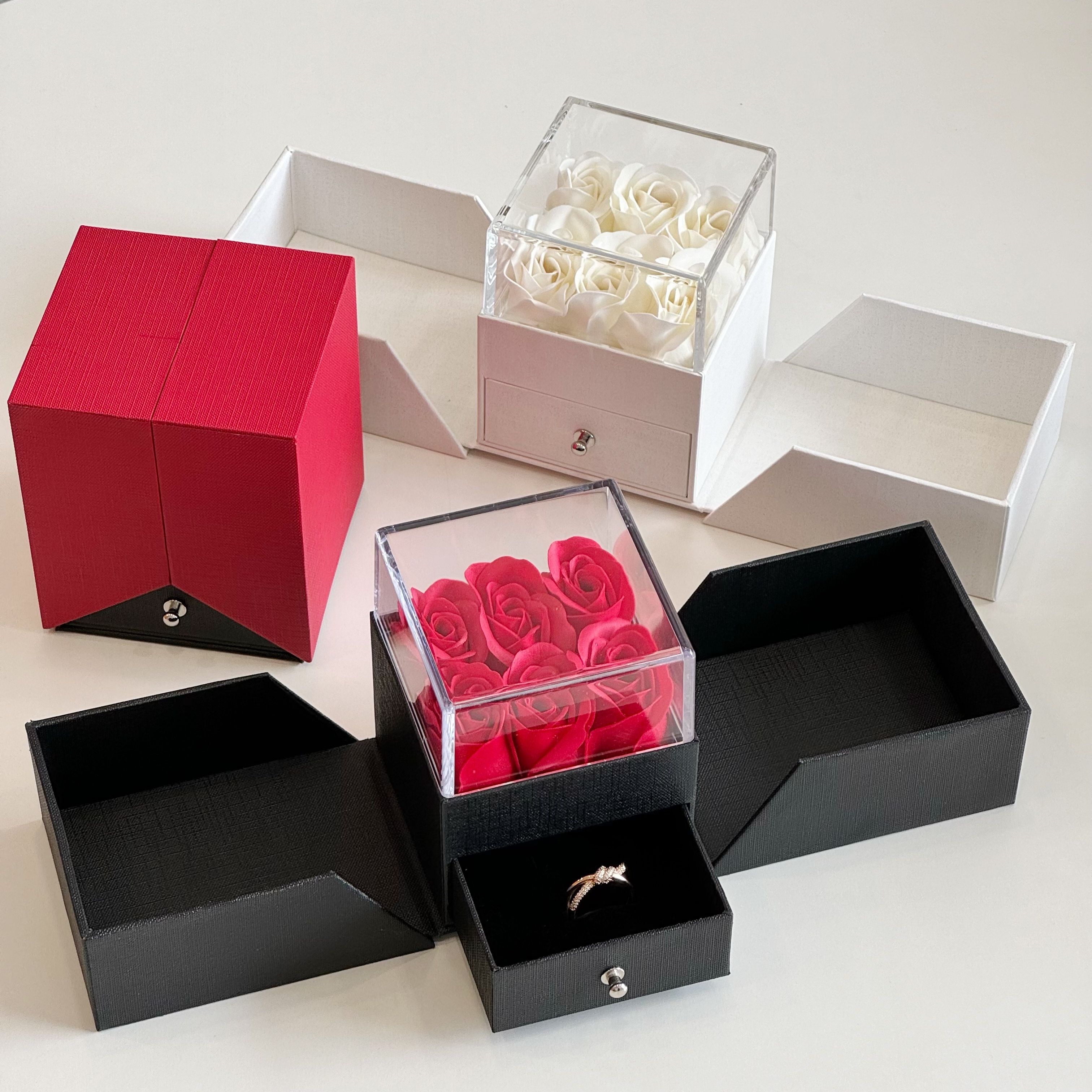 Custom Logo Eternal Flower Jewelry Case | Transparent Acrylic Rose Box for Rings & Necklaces