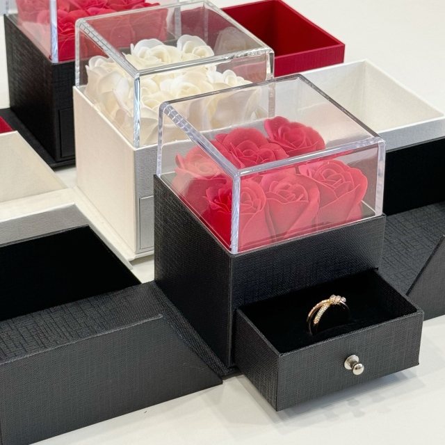 Custom Logo Eternal Flower Jewelry Case | Transparent Acrylic Rose Box for Rings & Necklaces