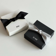 Custom Logo Luxury Jewelry Box with Silk Ribbon - Elegant Black & White Packaging for Rings, Earrings, and Pendants