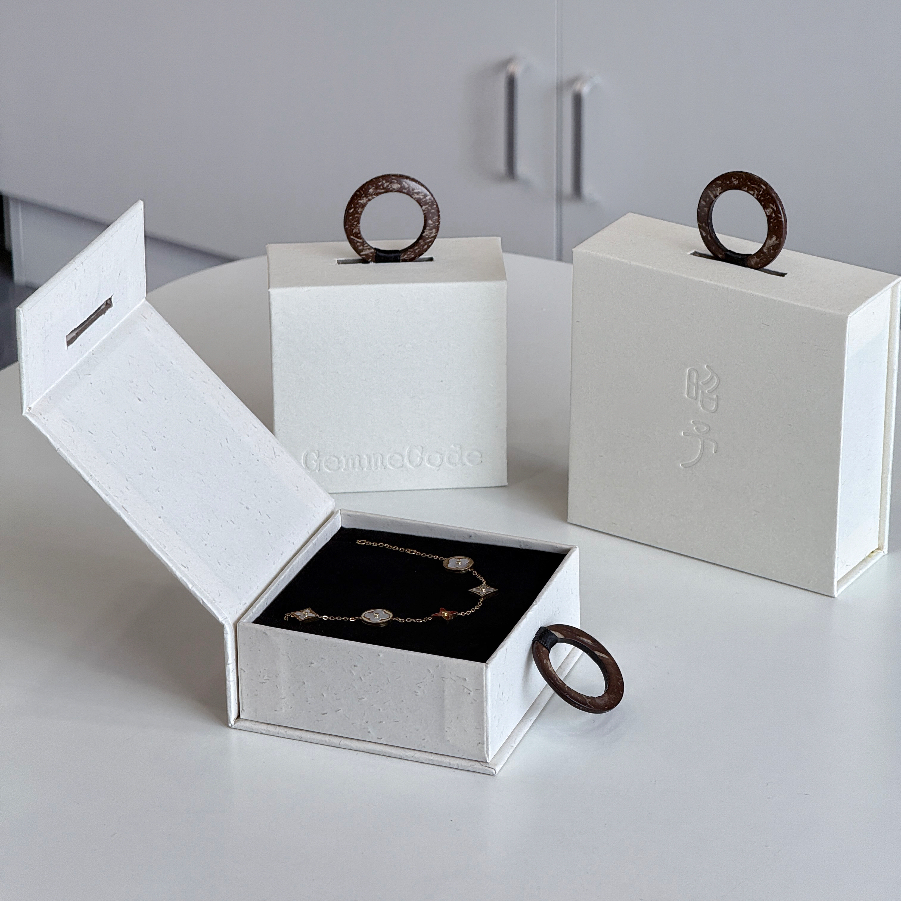 Nordic Serene White Magnetic Flip-top Jewelry Box - Minimalist Textured Book-Style Packaging with Cognac Leather Pull - Premium Rigid Gift Box