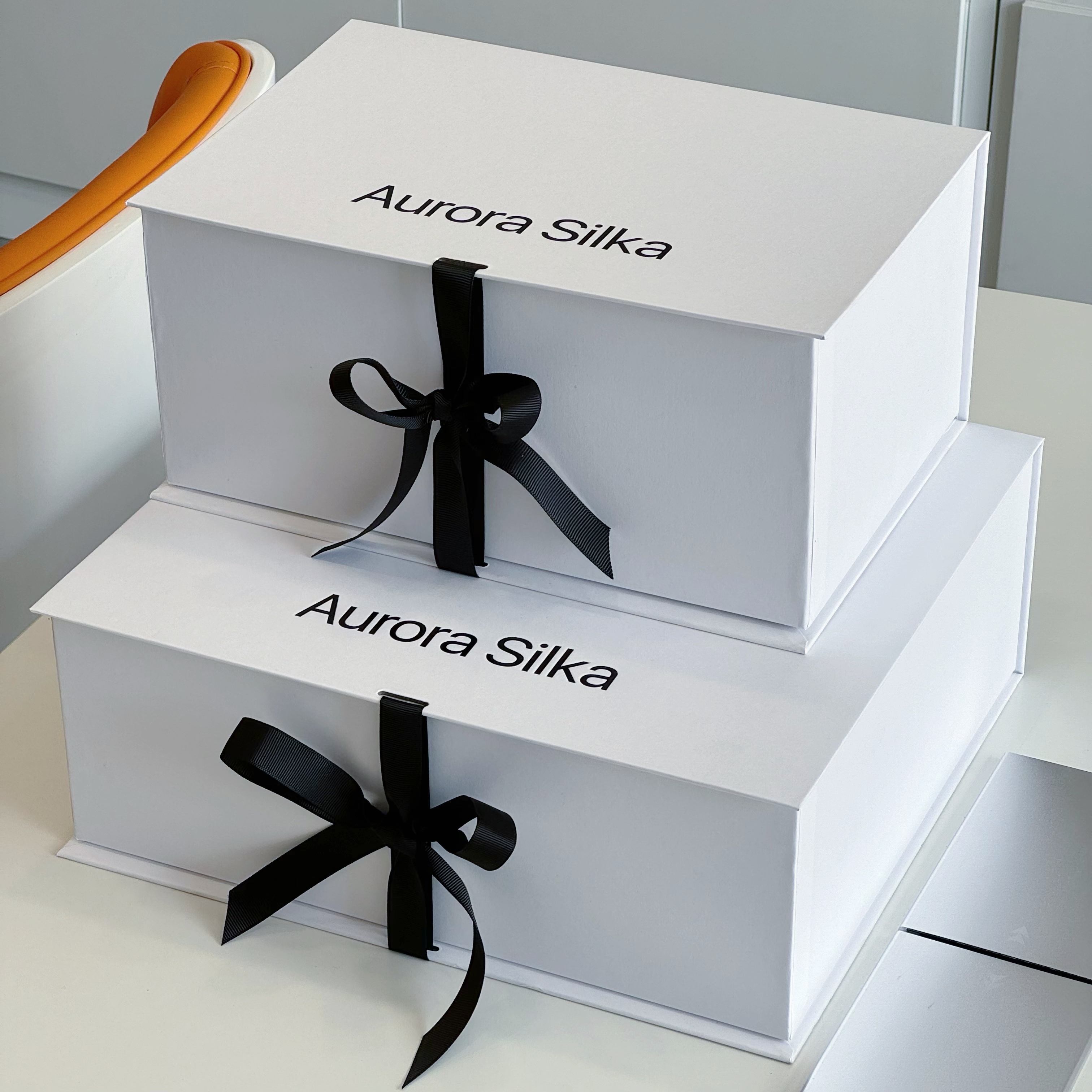 Custom Logo Luxury White Jewelry Box with Black Silk Ribbon - Elegant Magnetic Flip Top Gift Box for Jewelry Branding - Premium Necklace & Bracelet Packaging