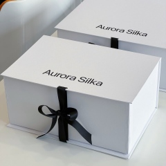 Custom Logo Luxury White Jewelry Box with Black Silk Ribbon - Elegant Magnetic Flip Top Gift Box for Jewelry Branding - Premium Necklace & Bracelet Packaging