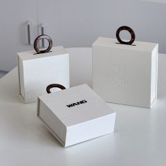Nordic Serene White Magnetic Flip-top Jewelry Box - Minimalist Textured Book-Style Packaging with Cognac Leather Pull - Premium Rigid Gift Box