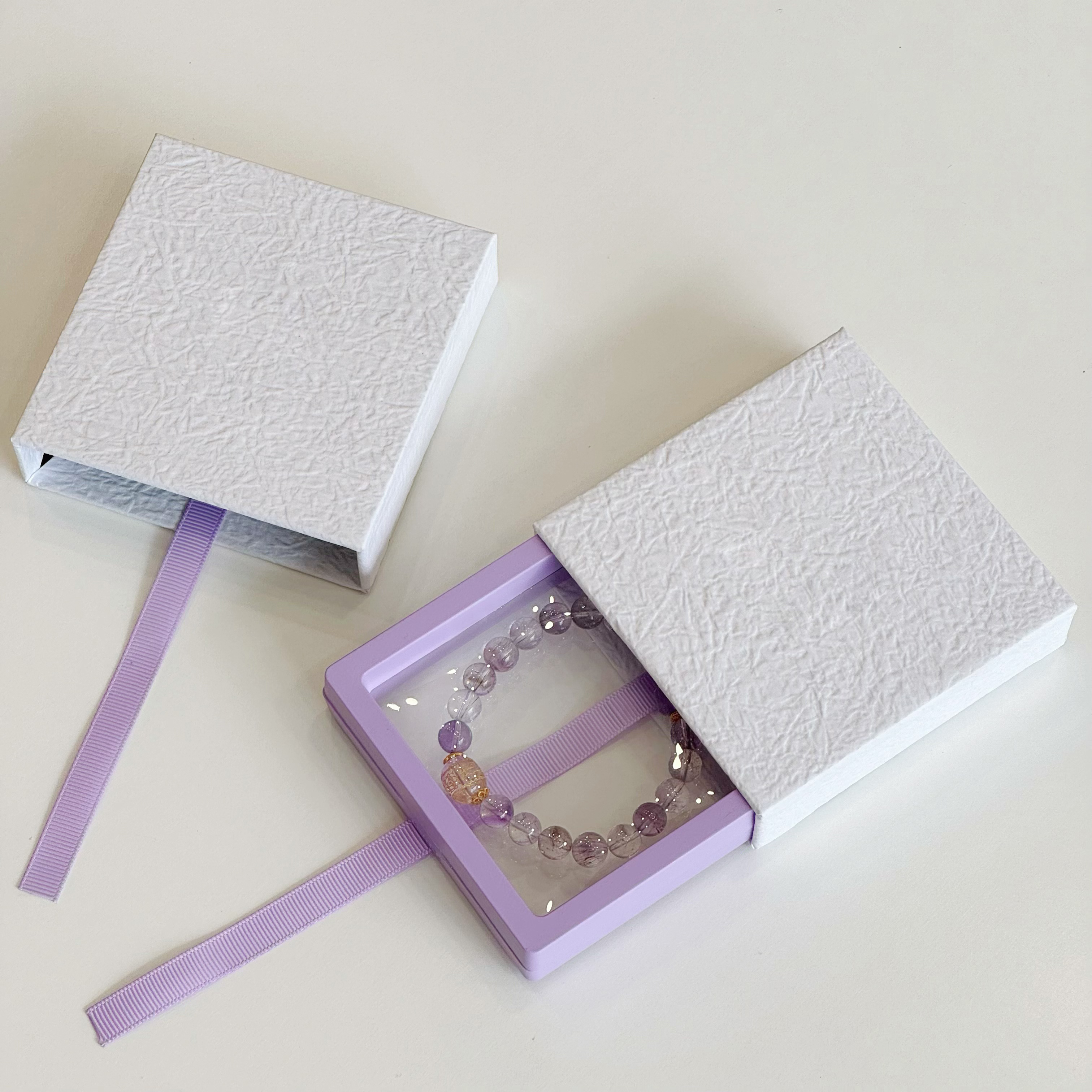 Luxury Purple Ribbon Jewelry Drawer Box - Premium Rigid Cardboard Packaging for Rings, Earrings, and Necklaces - Elegant Jewelry Gift Box with Pull Tab