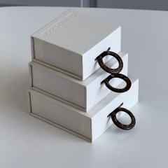 Nordic Serene White Magnetic Flip-top Jewelry Box - Minimalist Textured Book-Style Packaging with Cognac Leather Pull - Premium Rigid Gift Box