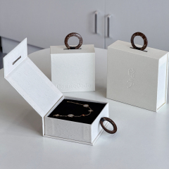 Nordic Serene White Magnetic Flip-top Jewelry Box - Minimalist Textured Book-Style Packaging with Cognac Leather Pull - Premium Rigid Gift Box