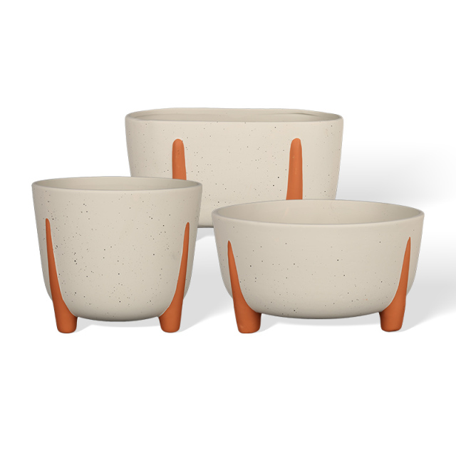 White porcelain flower pot with simple three legs and cement paint