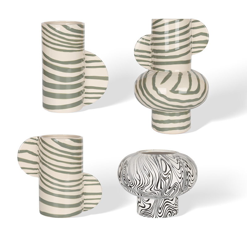 Design Sculpture Ceramic Flower Pot Abstract Stripes