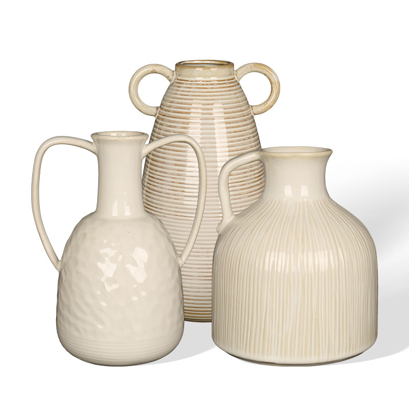 Wholesale Single and Double Ear Large Belly Vertical Brush Pattern Ceramic Vase