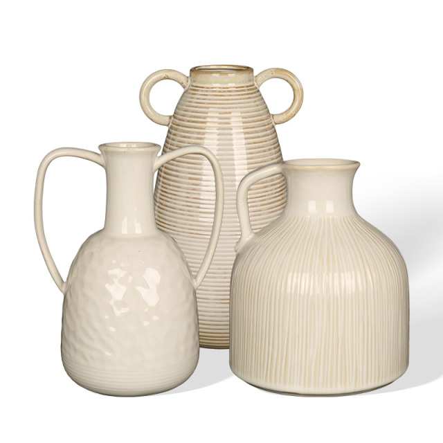 Wholesale Single and Double Ear Large Belly Vertical Brush Pattern Ceramic Vase