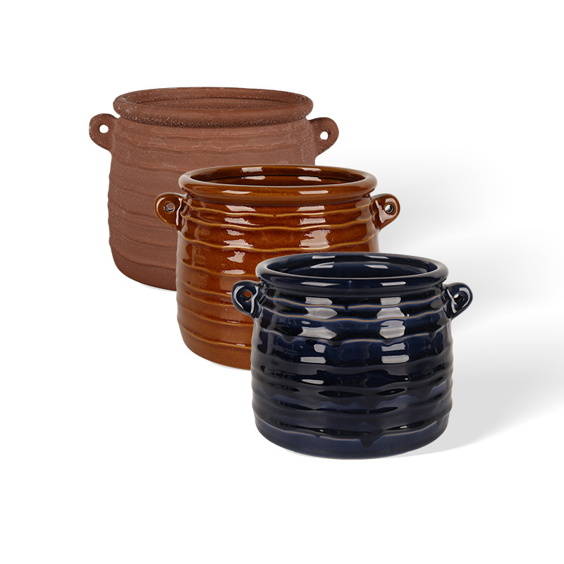 Wholesale ceramic vase with double ears and horizontal stripes