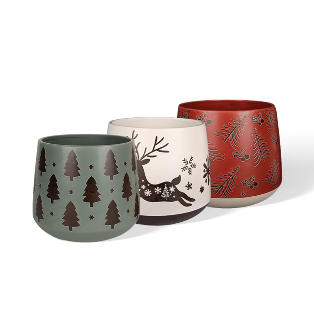 Wholesale Retro Christmas Ceramic Flower Pots with 3D Elements
