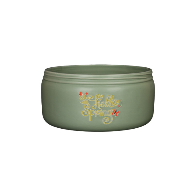 Wholesale Hello Spring! A ceramic flower pot with a floral print design.