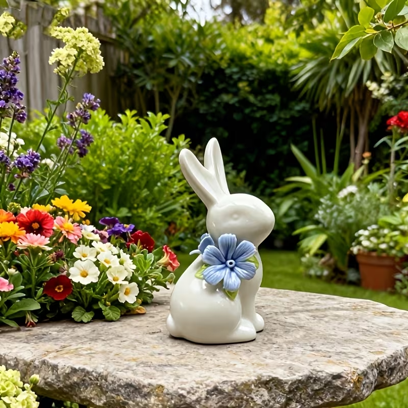 Wholesale Flower Pattern Rabbit 3D Piled Flower Ceramic Ornament