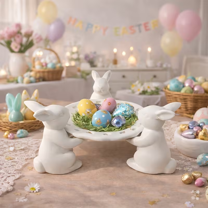 Wholesale Three Rabbits Offering Treasures Easter Ceramic Tray Decor