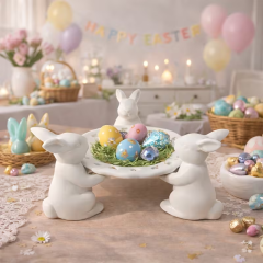 Wholesale Three Rabbits Offering Treasures Easter Ceramic Tray Decor