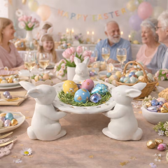 Wholesale Three Rabbits Offering Treasures Easter Ceramic Tray Decor