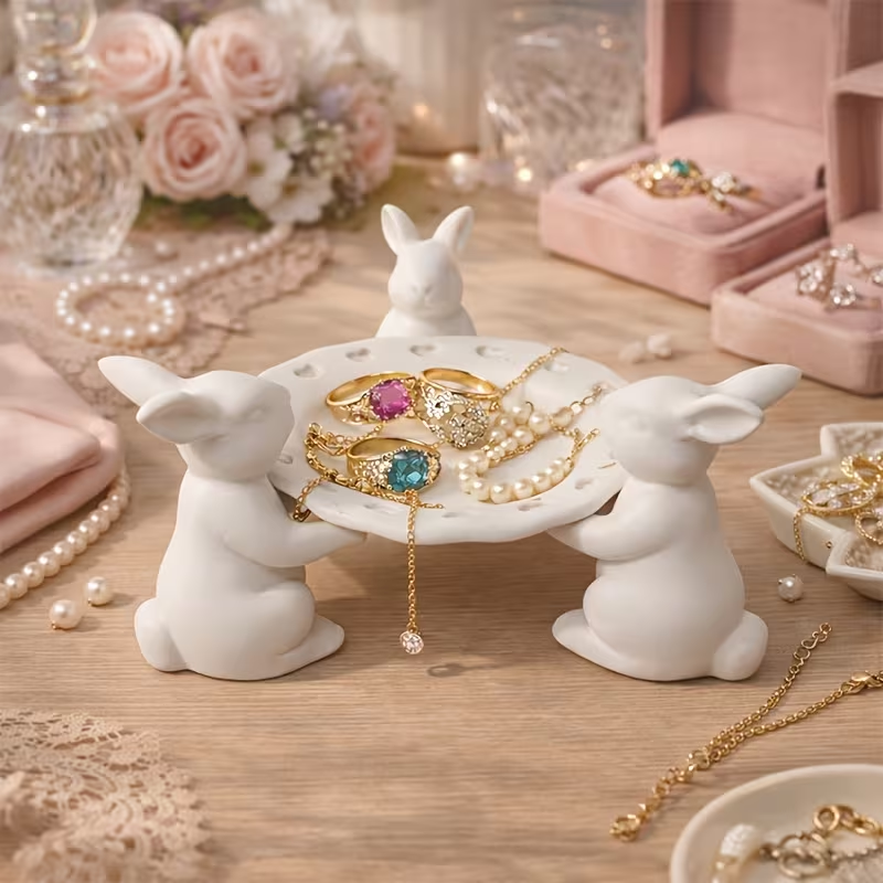 Wholesale Three Rabbits Offering Treasures Easter Ceramic Tray Decor
