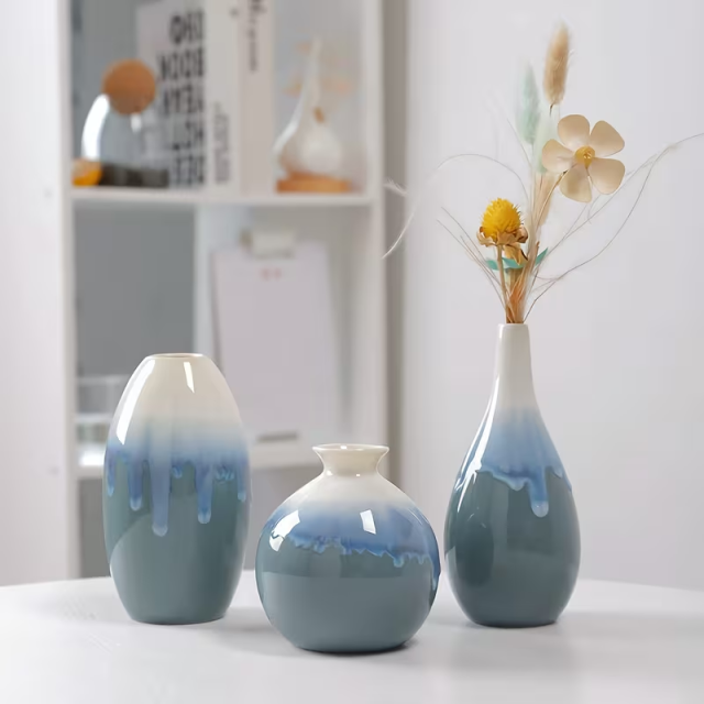 Wholesale New Chinese Style Vase with Glaze Flowing on Blue Gray