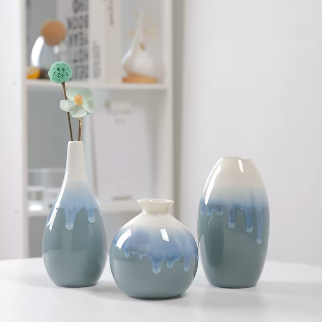 Wholesale New Chinese Style Vase with Glaze Flowing on Blue Gray