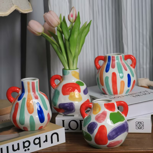 Wholesale Rainbow Graffiti Double-Eared Ceramic Flower Vase