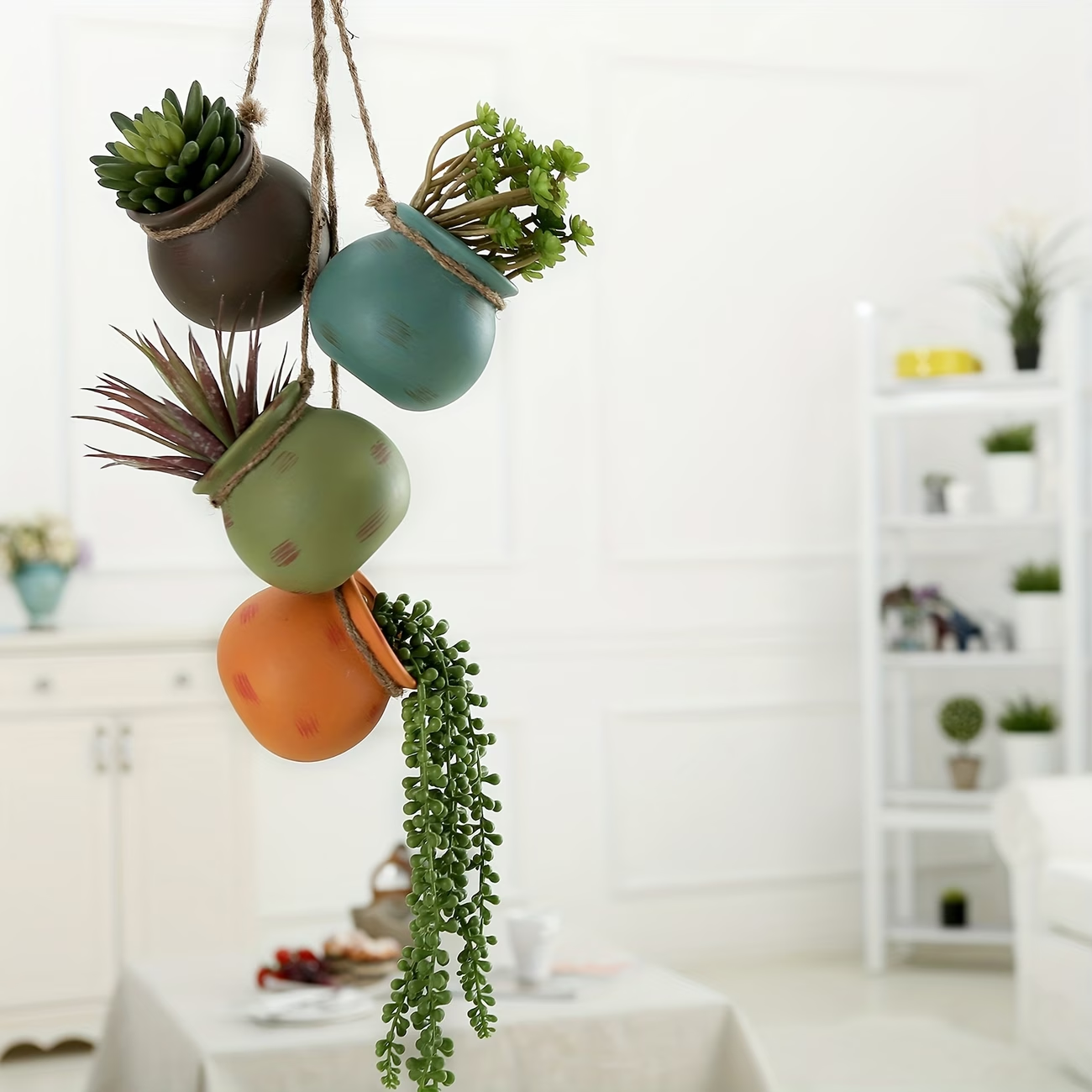 Wholesale of Seriated Ceramic Hanging Flower Pots with Rope Strands