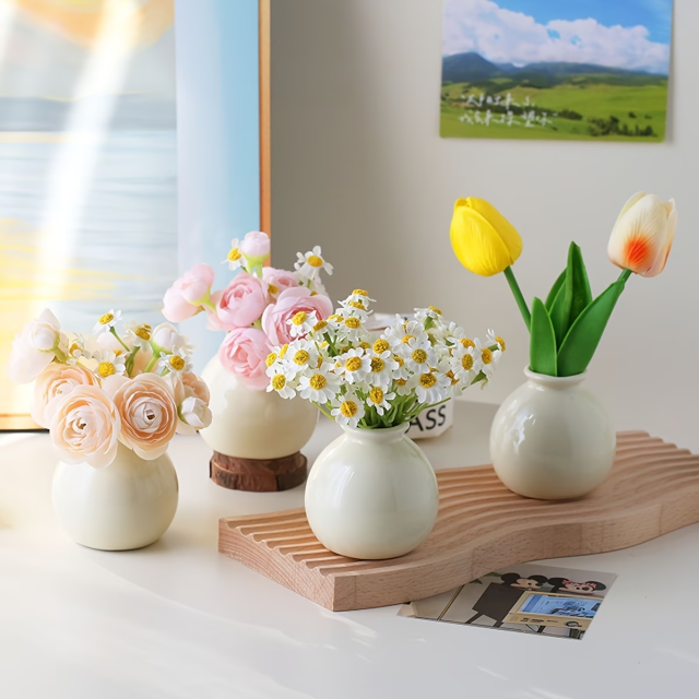 Wholesale white round ceramic mini flower vases with small floral designs