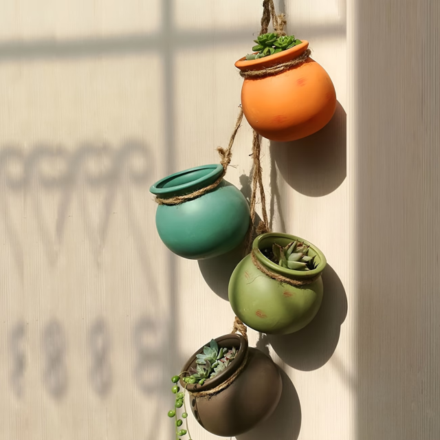 Wholesale of Seriated Ceramic Hanging Flower Pots with Rope Strands