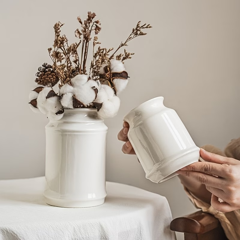 Wholesale glossy white-glazed milk jar ceramic vase with floral design