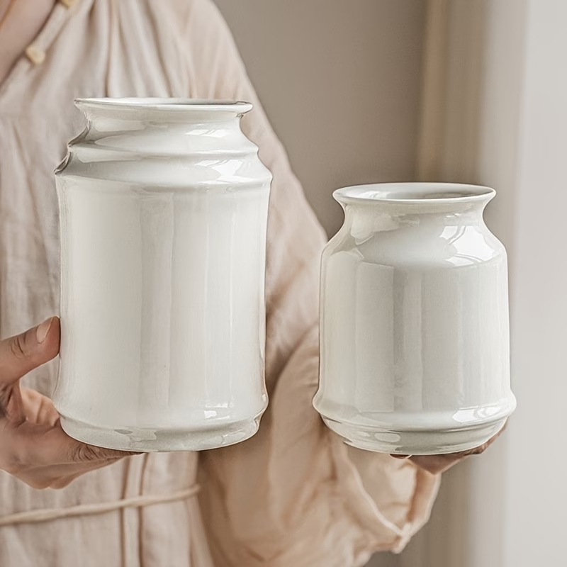 Wholesale glossy white-glazed milk jar ceramic vase with floral design