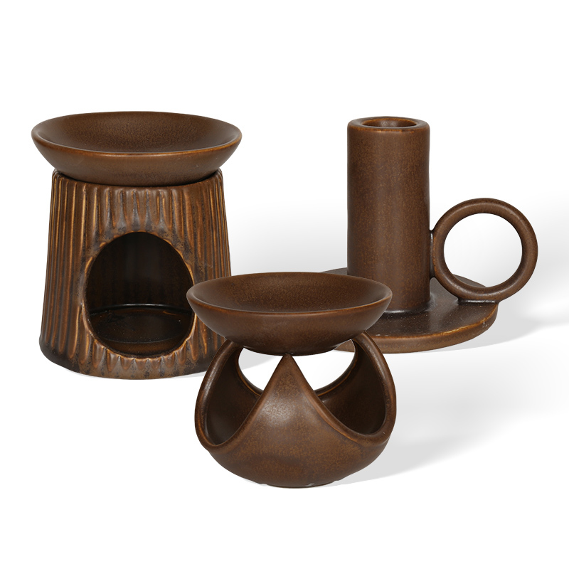 Wholesale Dark Brown Matte Ceramic Wax Melt Burner & Candlestick Holder Gift Set