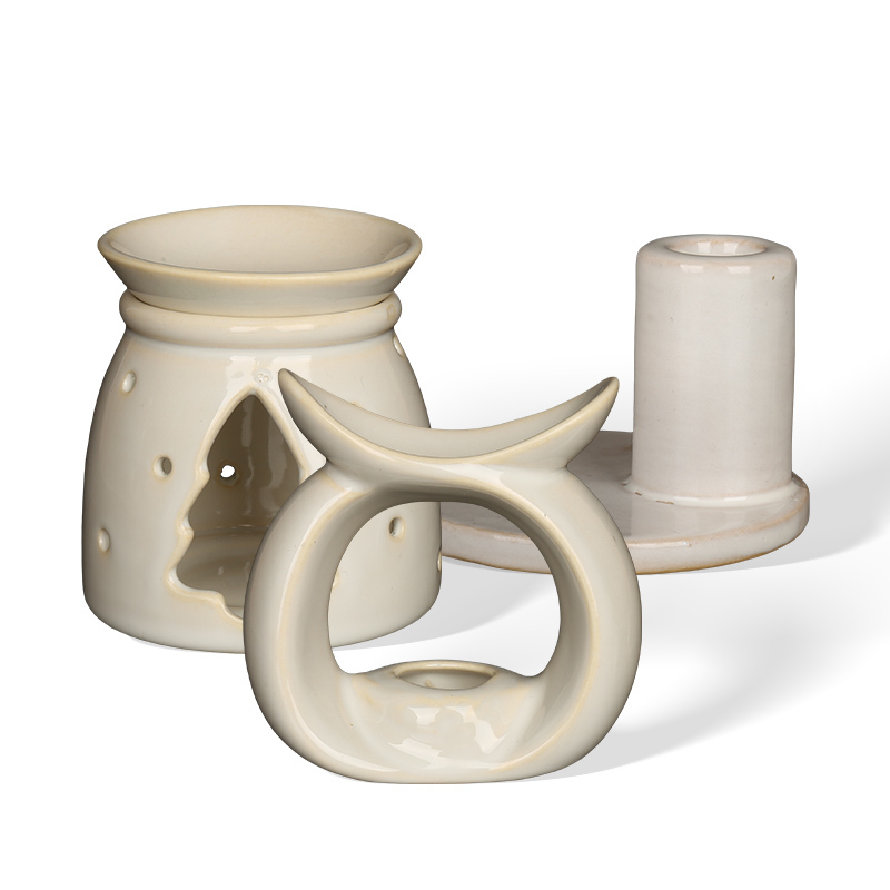 Wholesale Cream White Glossy Ceramic Wax Melt Burner & Candlestick Holder Gift Set