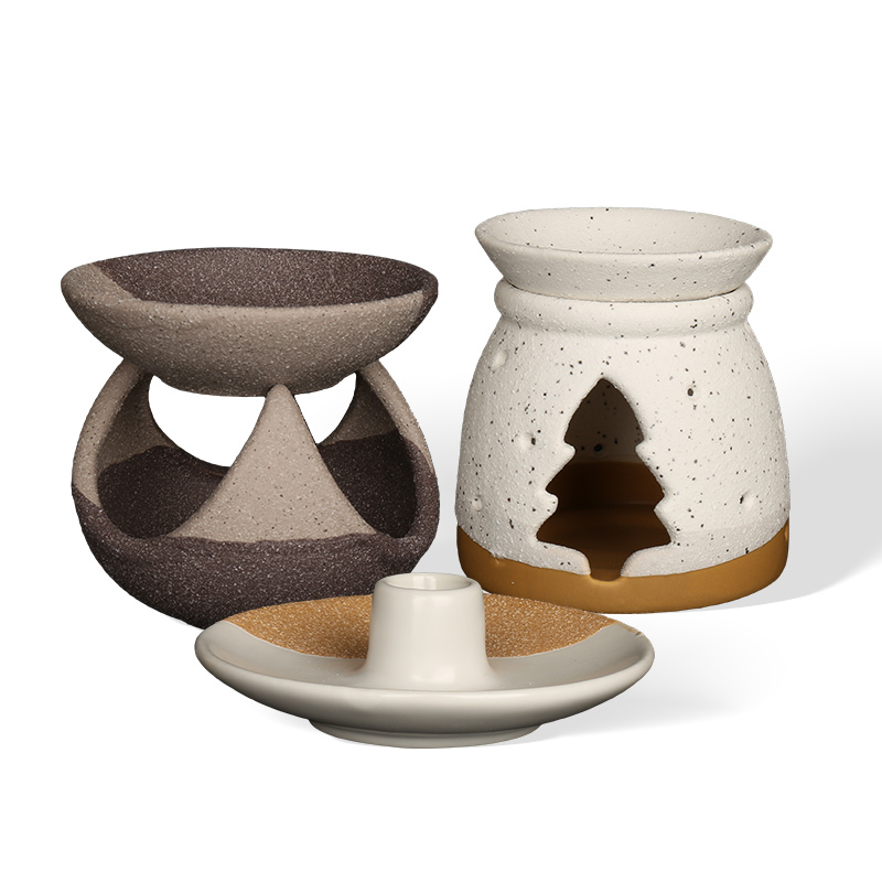 Wholesale Two-Tone Sand Glaze Ceramic Wax Melt Burner & Candlestick Holder Gift Set