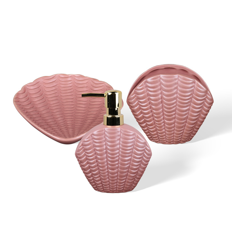 Wholesale Shell Shaped Ceramic Bathroom Accessories Set, Ceramic Seashell Soap Dish, Lotion Dispenser & Storage Tray