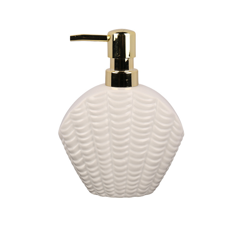 Wholesale Shell Shaped Ceramic Bathroom Accessories Set, Ceramic Seashell Soap Dish, Lotion Dispenser & Storage Tray
