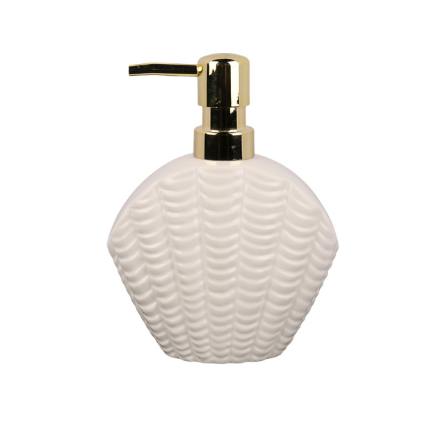 Wholesale Shell Shaped Ceramic Bathroom Accessories Set, Ceramic Seashell Soap Dish, Lotion Dispenser & Storage Tray
