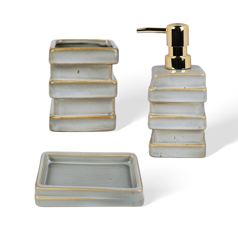 Wholesale Stacked Square Ceramic Bathroom Accessories Set, Stack‑Layer Soap Dispenser, Toothbrush Holder & Soap Dish