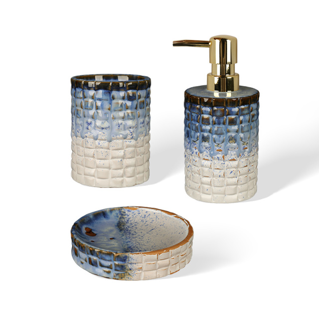 Wholesale Bubble Embossed Ceramic Bathroom Accessories Set, Convex Ball Soap Dispenser, Toothbrush Holder & Soap Dish