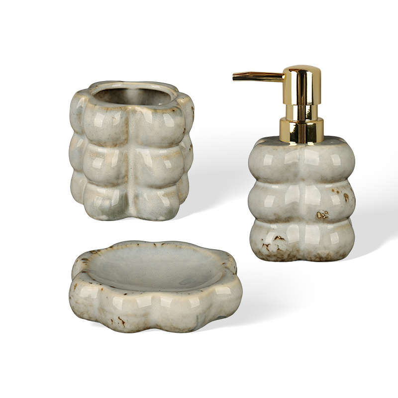 Wholesale Bubble Embossed Ceramic Bathroom Accessories Set, Convex Ball Soap Dispenser, Toothbrush Holder & Soap Dish
