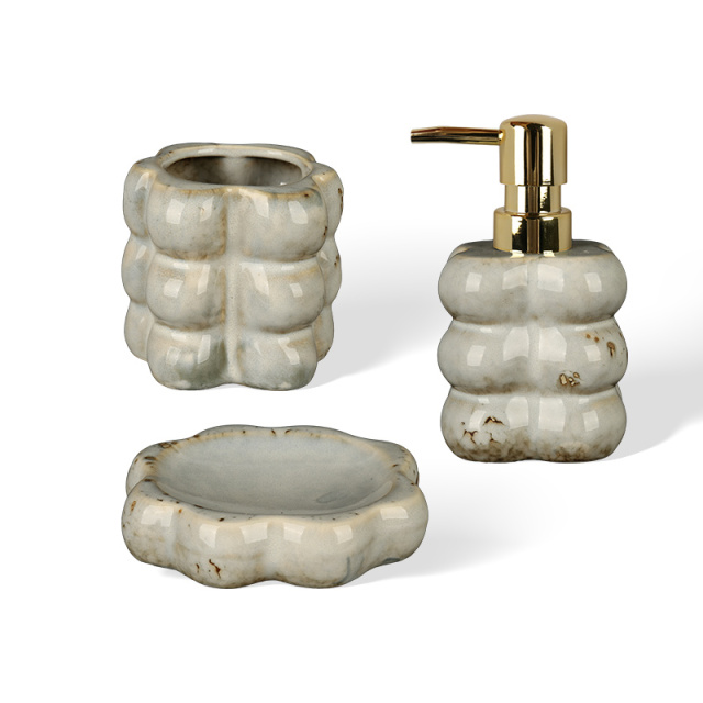 Wholesale Bubble Embossed Ceramic Bathroom Accessories Set, Convex Ball Soap Dispenser, Toothbrush Holder & Soap Dish