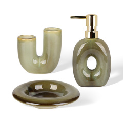 Wholesale Hollow Donut Ceramic Bathroom Accessories Set, U‑Shaped Toothbrush Holder, Soap Dispenser & Soap Dish