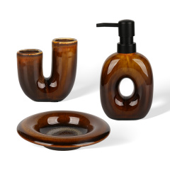 Wholesale Hollow Donut Ceramic Bathroom Accessories Set, U‑Shaped Toothbrush Holder, Soap Dispenser & Soap Dish