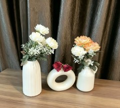 Wholesale White Ceramic Vase Set of 3, Ribbed, Donut Hollow & Pitcher‑Shaped Decorative Flower Vases